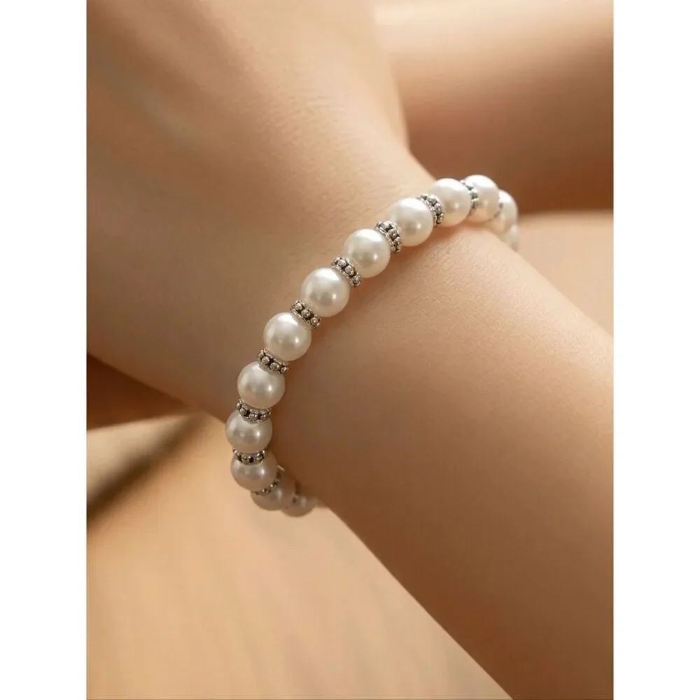 Elegant White Pearl Beaded Bracelet Minimalist Bridal Prom Modern Classic